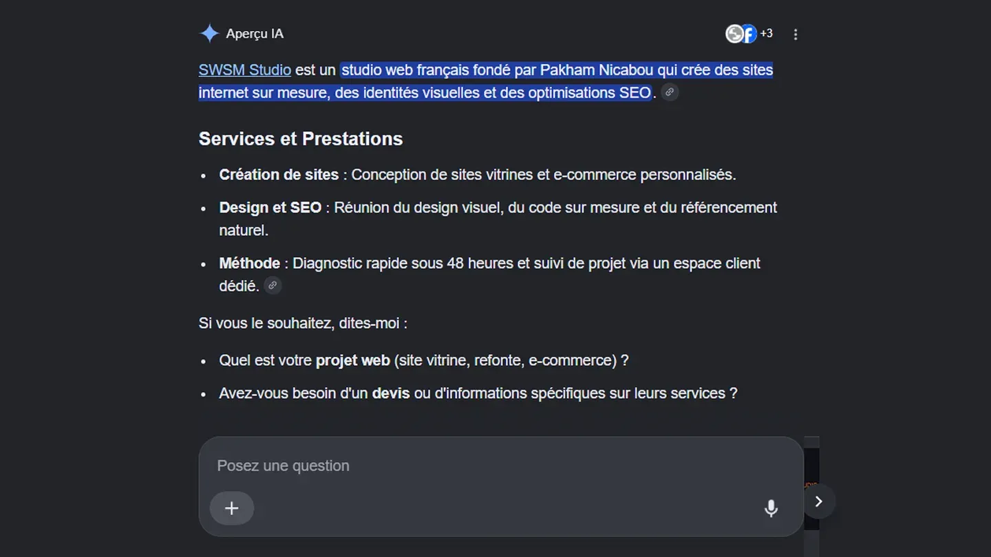 Aperçu IA de Google présentant SWSM Studio, ses services de création de sites sur mesure et sa méthode de travail